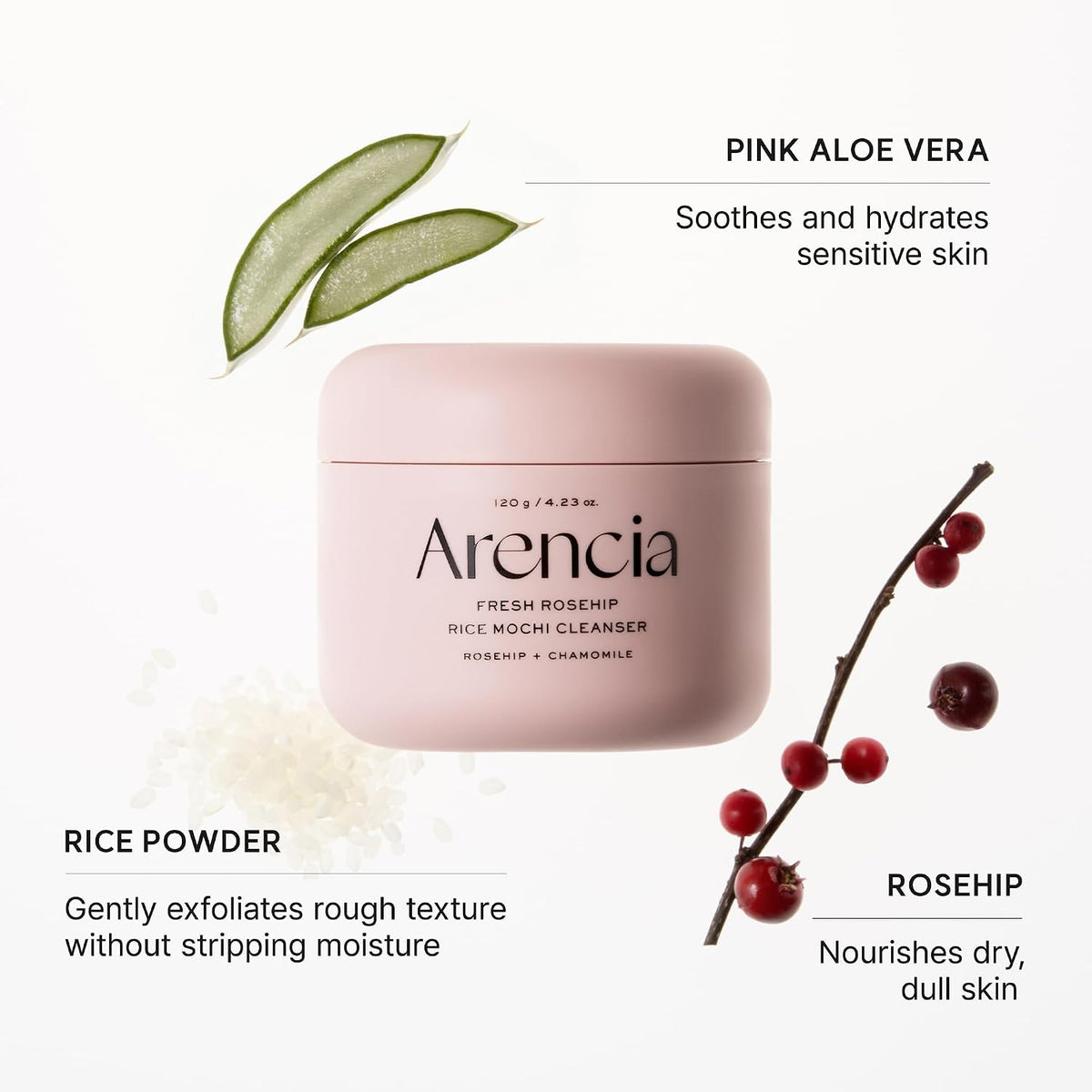Arencia Rosehip Rice Mochi Face Cleanser & Daily Scrub - Moisturizing, Exfoliating & Deep-Cleansing - All Skin Types with Rice Powder & Rice Water (4.23oz)