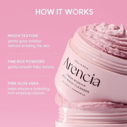 Arencia Rosehip Rice Mochi Face Cleanser & Daily Scrub - Moisturizing, Exfoliating & Deep-Cleansing - All Skin Types with Rice Powder & Rice Water (4.23oz)