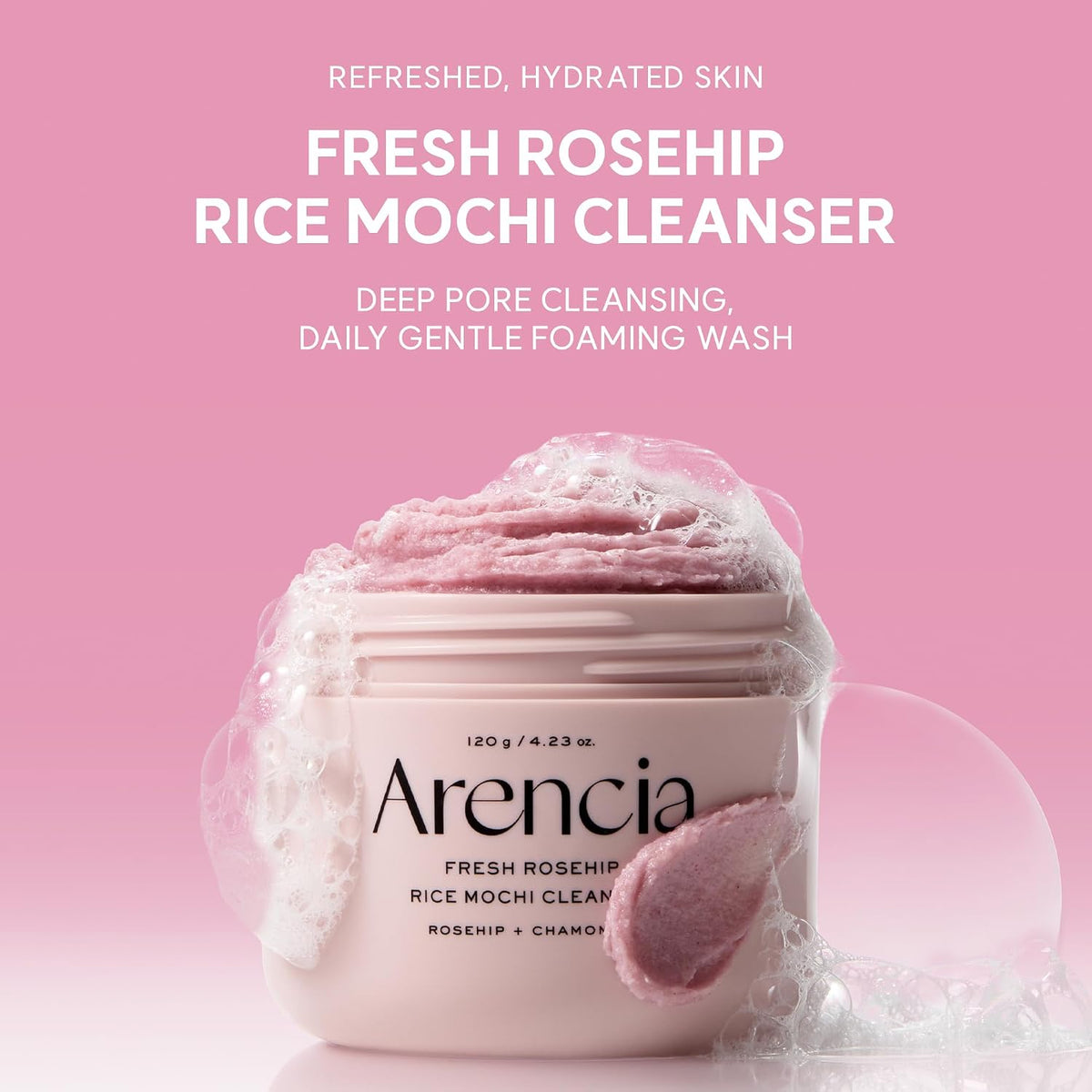 Arencia Rosehip Rice Mochi Face Cleanser & Daily Scrub - Moisturizing, Exfoliating & Deep-Cleansing - All Skin Types with Rice Powder & Rice Water (4.23oz)