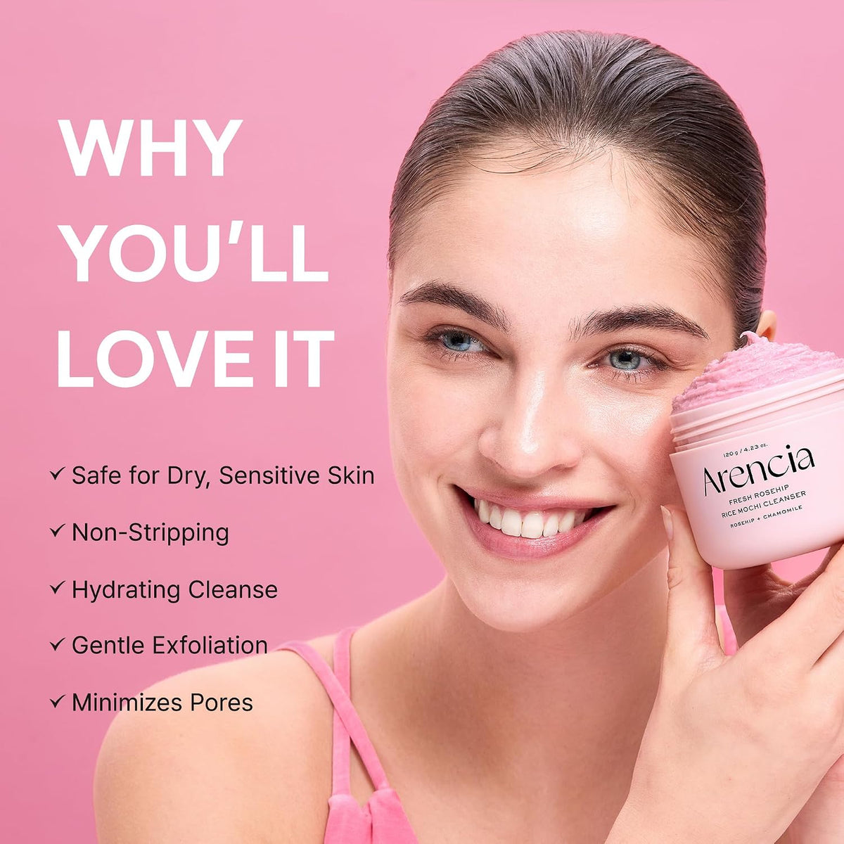 Arencia Rosehip Rice Mochi Face Cleanser & Daily Scrub - Moisturizing, Exfoliating & Deep-Cleansing - All Skin Types with Rice Powder & Rice Water (4.23oz)